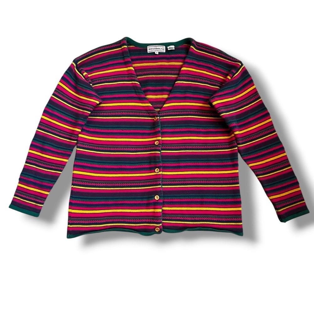 Westbound Striped Cardigan Medium Colorful Button Front V Neck Cotton Vintage